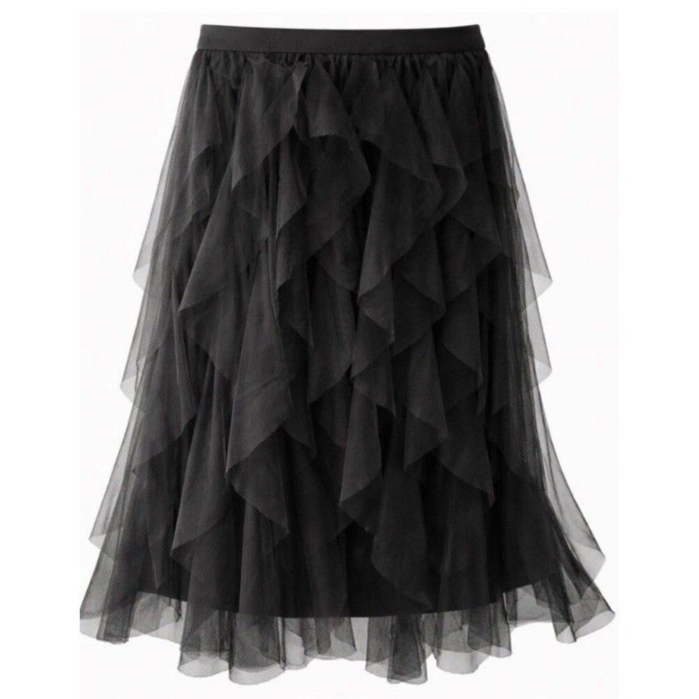 Black Layered Tulle Ruffle Midi Skirt Sz XL Sheer Romantic Goth Witchy Soft Punk